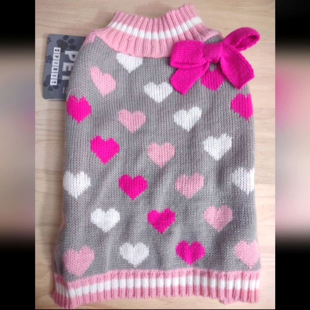 Pink Ribbon Gray Hearts Puppy Dog Comfy Sweater Kawaii Y2K Sweet